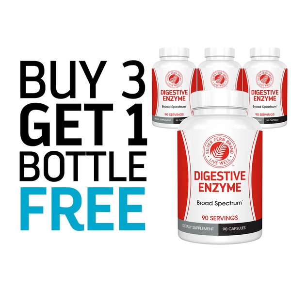 A high-contrast promotional graphic featuring multiple bottles of Digestive Enzyme, clearly highlighting a BOGO-style bulk discount.